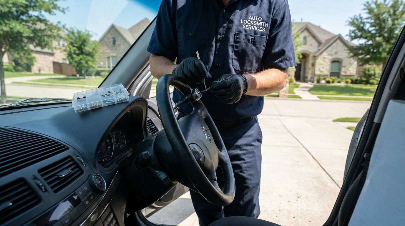 Auto locksmith repairing a stuck car ignition cylinder on-site in Austin TX