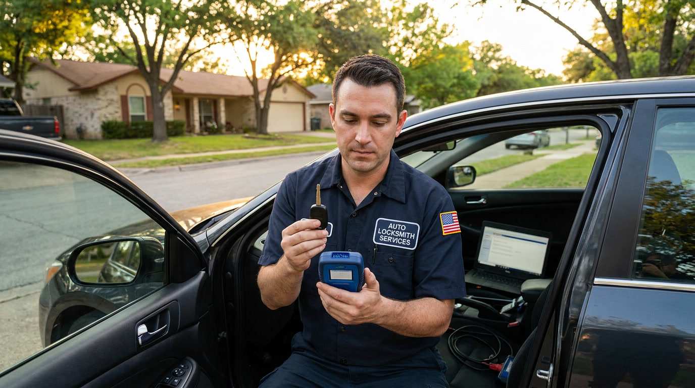 Auto locksmith programming a transponder car key fob with a diagnostic tool in Austin TX